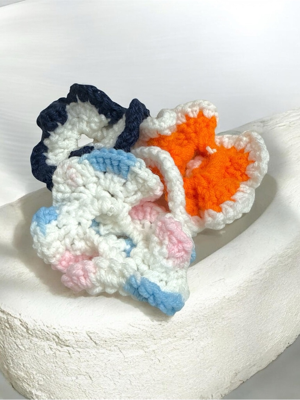 Handmade by Mom Crochet Scrunchie 3 Piece Set - White, Orange, Navy, Blue & Pink